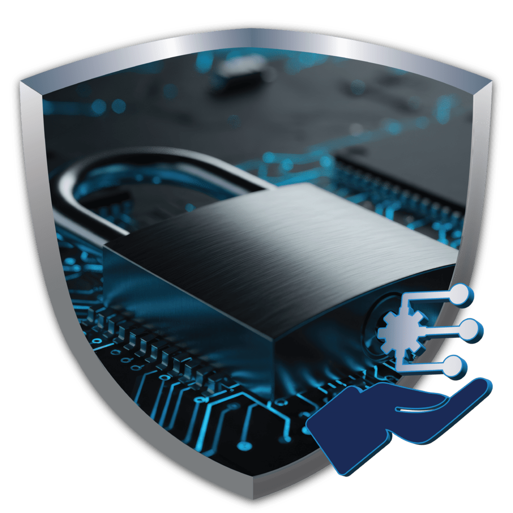 Shield with a padlock on a circuit board and a managed-service hand icon, representing Bamshaw's mission continuity and recovery