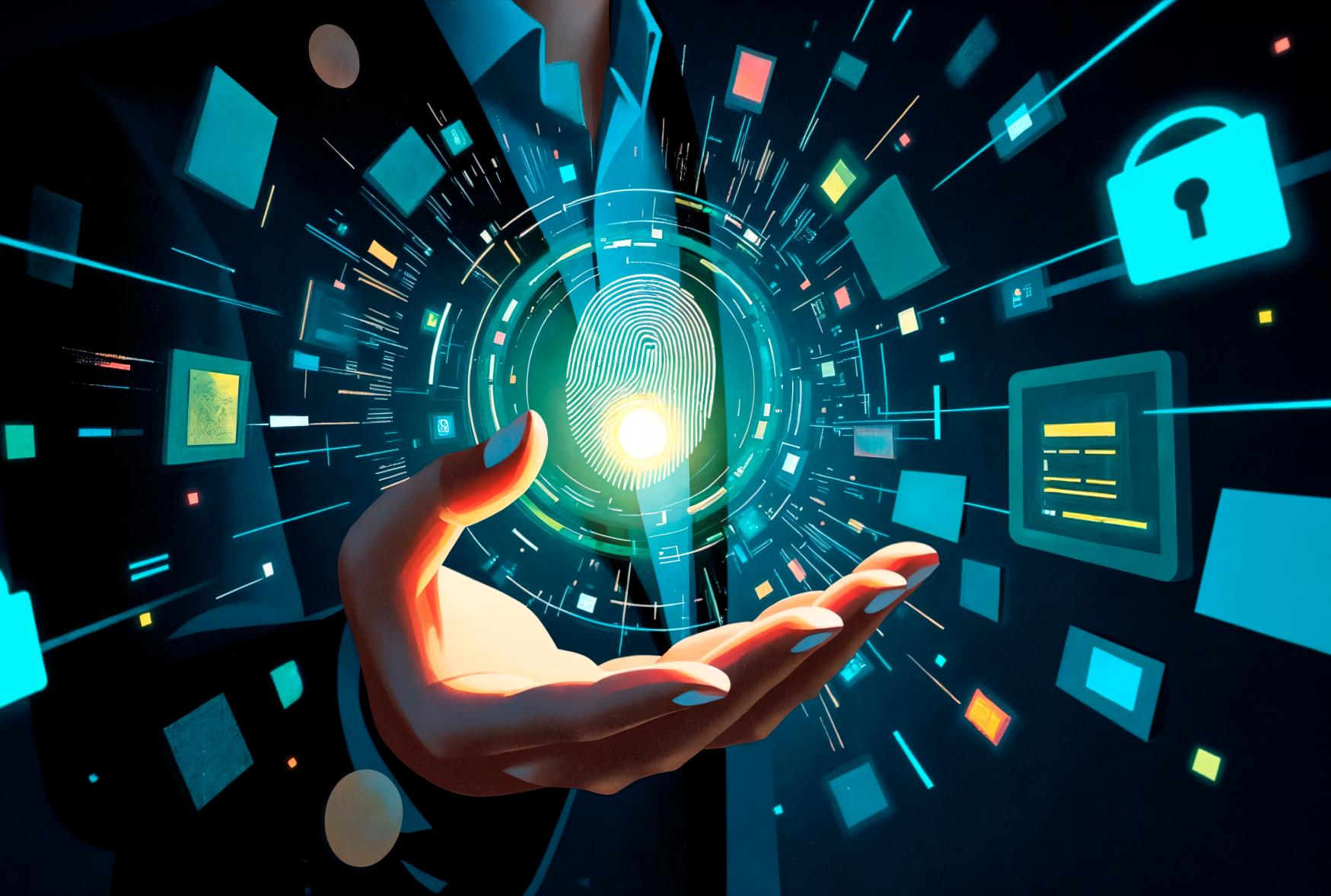 Hand holding a glowing fingerprint scan with a padlock and data icons, representing Bamshaw's cybersecurity access control services