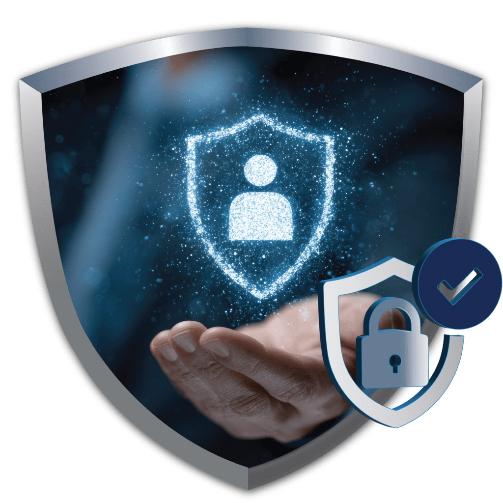 Shield with a hand protecting a person icon and a padlock with checkmark, representing Bamshaw's cybersecurity and compliance support