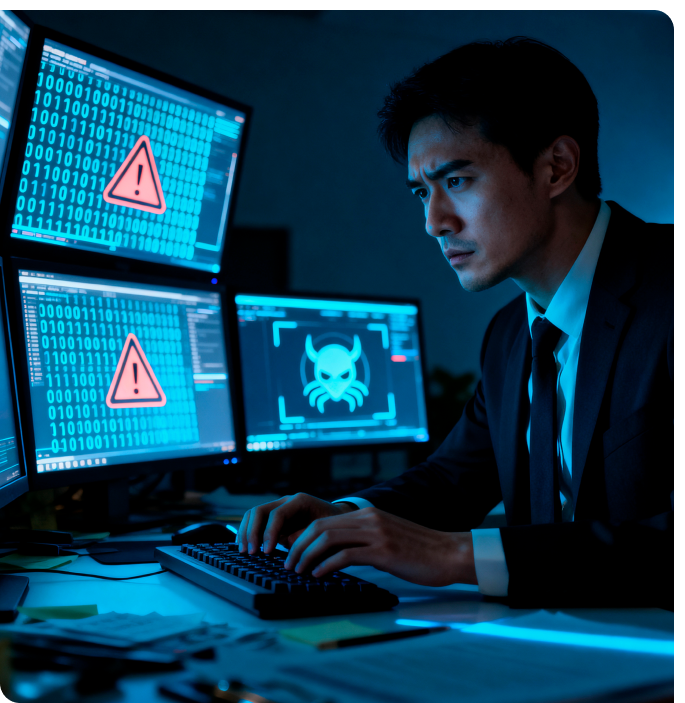 Cybersecurity analyst monitoring threat alerts on multiple screens, part of Bamshaw's federal cybersecurity and compliance work