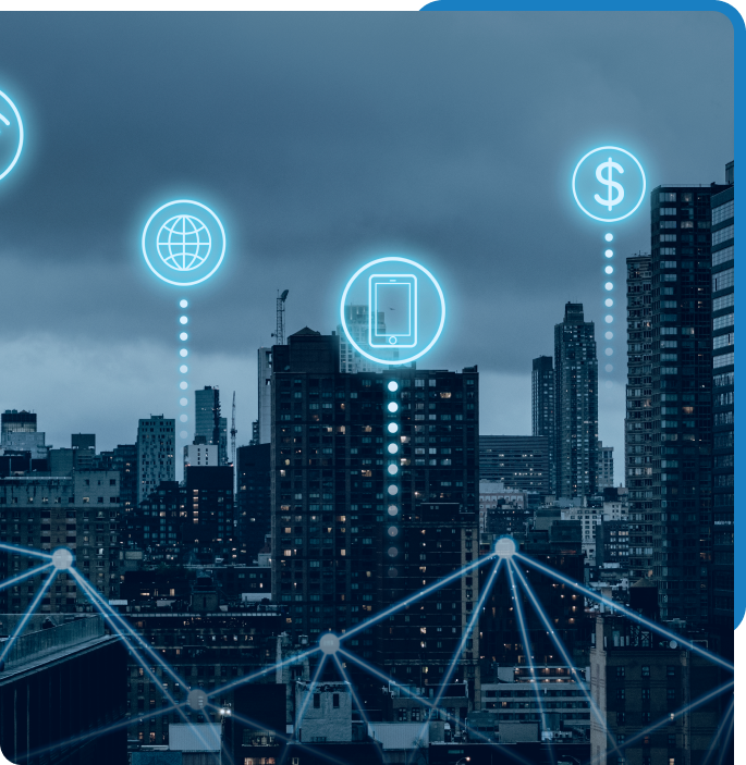 Network mesh over a city skyline, representing Bamshaw's federal IT operations across on-premises, cloud, and hybrid systems