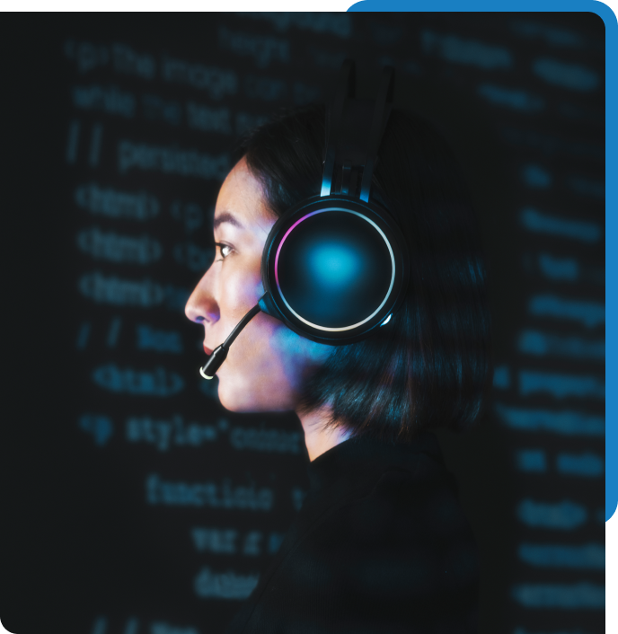 Professional in a headset with code projected behind them, supporting Bamshaw's federal mission continuity and system resilience