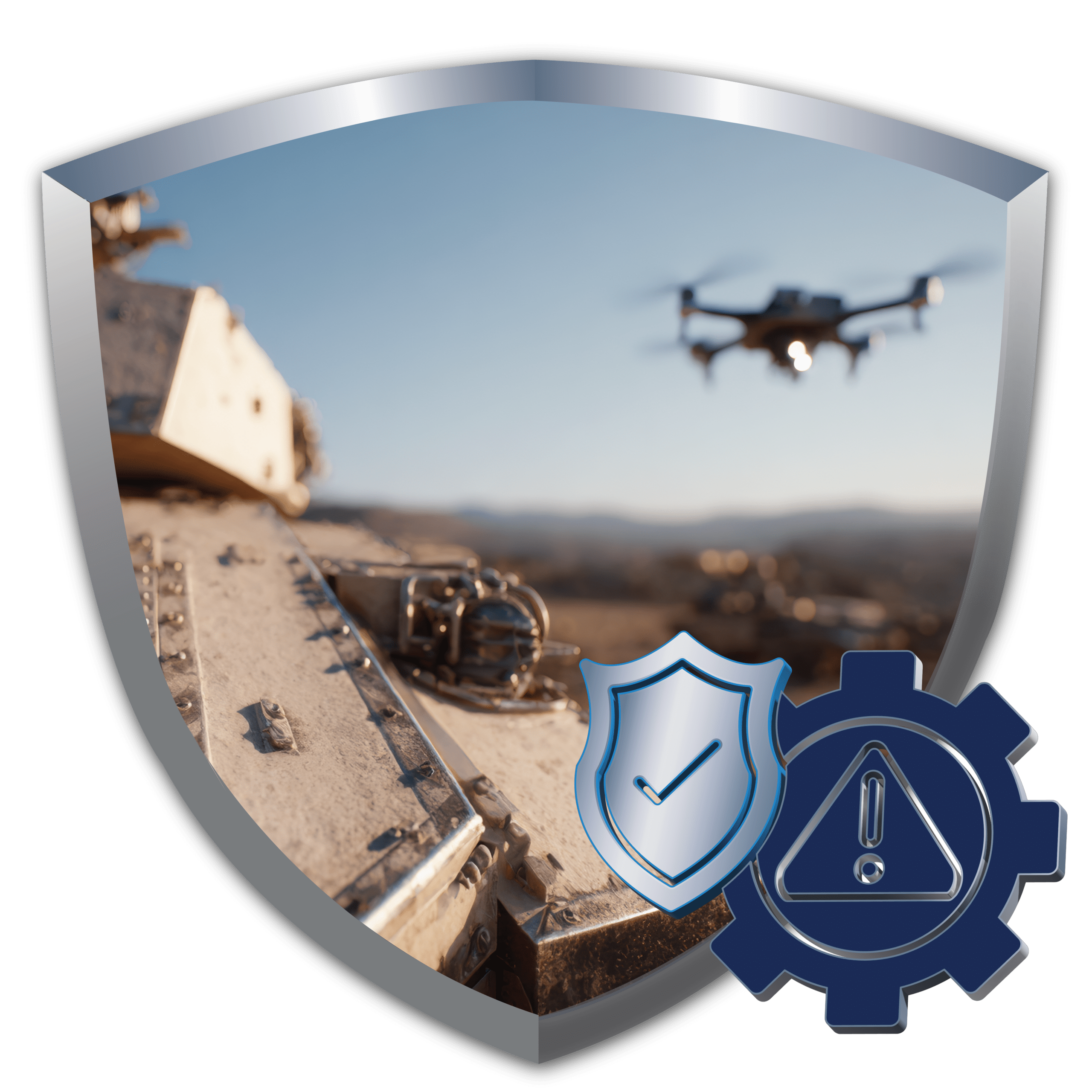 Shield with a military vehicle and surveillance drone in the field, with security and alert icons, representing Bamshaw's mission-critical federal support