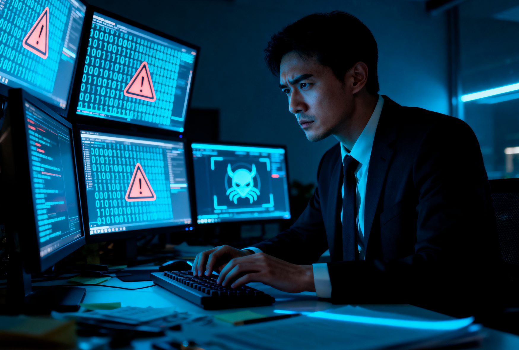 Cybersecurity analyst monitoring threat alerts on multiple screens, part of Bamshaw's federal cybersecurity and compliance work