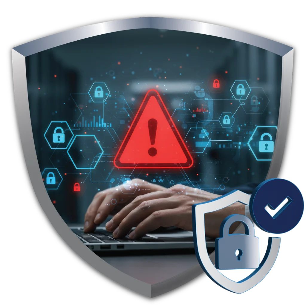 Shield with hands at a laptop, a warning alert, and lock icons, representing Bamshaw's cybersecurity implementation and compliance