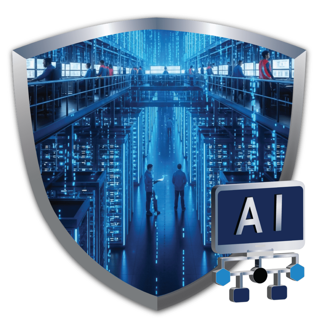 Shield with a data center of glowing servers and an AI network icon, representing Bamshaw's federal IT operations and sustainment