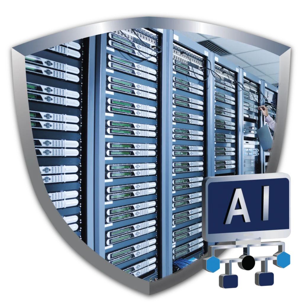 Shield with server racks and an AI network icon, representing Bamshaw's IT operations, maintenance, and long-term sustainment