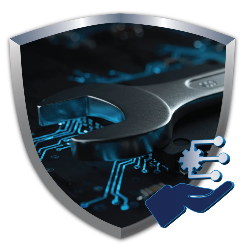Shield with a wrench and a hand-and-gear icon, representing Bamshaw's mission continuity, system resilience, and recovery