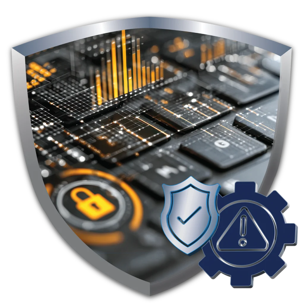 Shield over a circuit board with a padlock and alert icons, representing Bamshaw's application and data environment sustainment